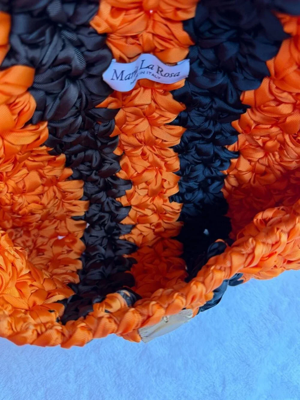 Maria La Rosa Made in Italy Ribbon Crochet Bag Orange Black Chain Strap
